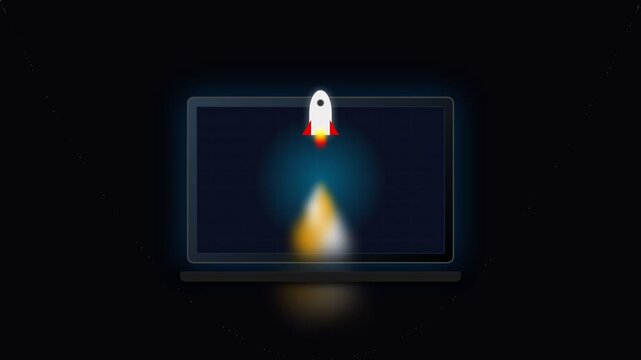 Rocket Launching from Laptop Screen Animation Representing System Initialization and Startup Boost.