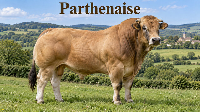 Realistic Parthenaise bull in a scenic countryside landscape