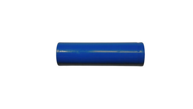 Single cylindrical blue lithium ion battery cell isolated on a plain black background, for industrial energy, and power storage, technology concepts isolated on a transparent background
