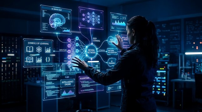 Woman interacting with a holographic neural network and deep learning data display in a dark control room