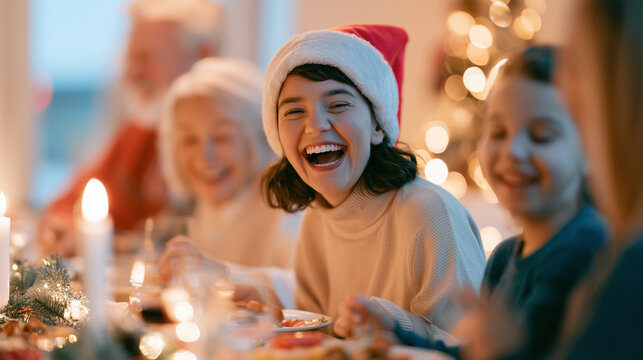 A Joyful Multi-Generational Family Sharing a Heartfelt Meal Together on Christmas Day While Celebrating Festive Holiday Traditions at Home