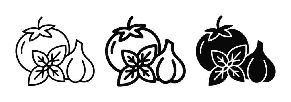 Tomato, Garlic, Basil Icons: Fresh Ingredients for Italian Cuisine & Healthy Eating