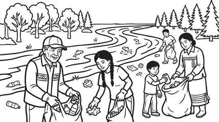 Obraz premium Family of four planting small trees together in a field during the spring season as a community environmental project Vector