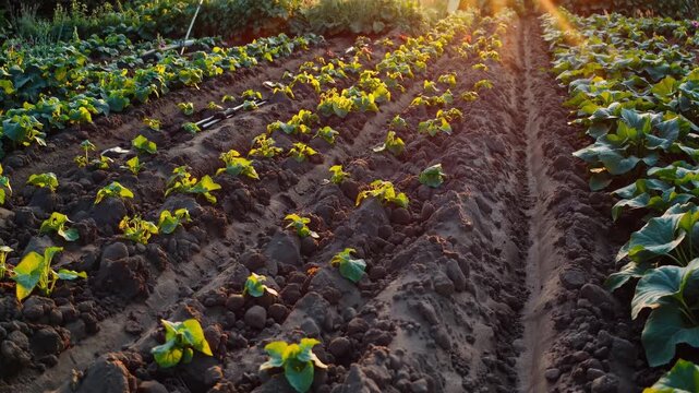 Sunlit seedling rows at sunrise tender young lettuce bask in golden light across freshly tilled soil, neat furrows and rustic irrigation channel convey sustainable smallscale farming and earlymorning
