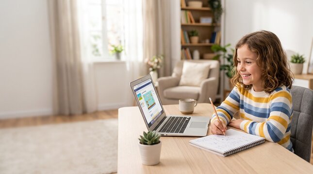 Smiling Little Girl Studying with Laptop and Taking Notes in Notebook at Home
