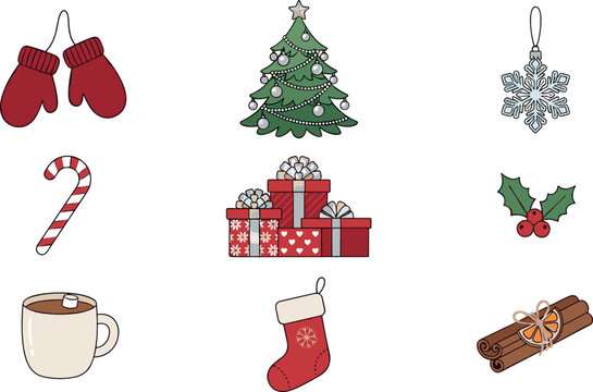 Christmas vector element set featuring hand drawn holiday icons including green tree, gift boxes, red mittens, stocking, candy cane, and hot cocoa mug
