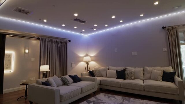 Modern living room with led cove lighting shifting from cool blue to warm white, recessed spotlights accenting sectional sofa, floor lamp, heavy curtains, plush rug smart home mood presets create cozy
