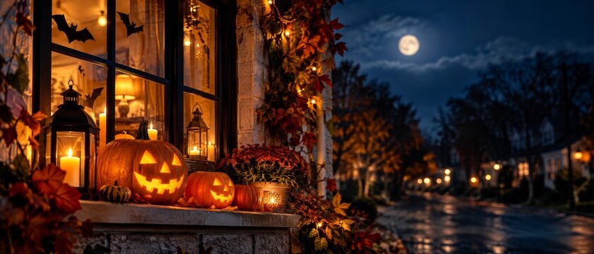 Jack-o-lanterns and fall decorations illuminate a festive Halloween porch. Bats adorn the window, creating a spooky evening atmosphere. The full moon shines over a charming suburban banner format
