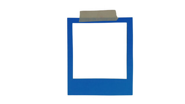 Empty blue instant frame taped to a plain black background, featuring a rectangular, border for creative, display of personal, memories or isolated on a transparent background