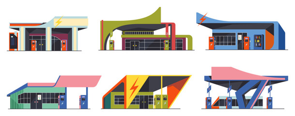 Gas stations with canopies, fuel signage and organized forecourt structure. Fueling facility and gasoline service, energy distribution and road travel. Vector vehicle maintenance collection © Sensvector