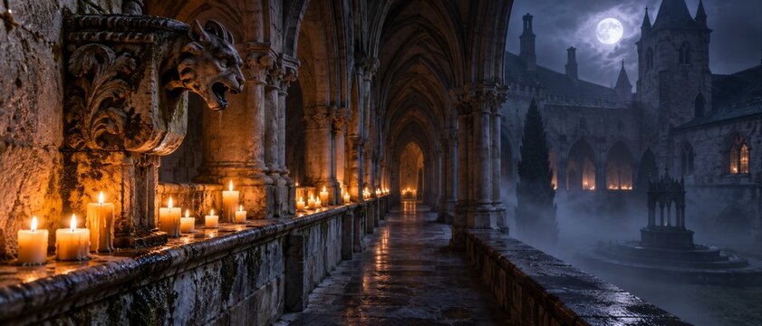 Dark, gothic corridor illuminated by flickering candles. Stone arches and pillars line the mysterious, vaulted hallway. This evocative scene conveys ancient history and shadowy secrets. banner format