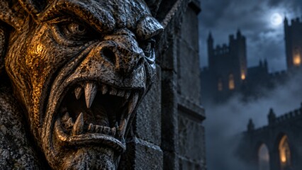 Obraz premium Stone gargoyle sits menacingly on a castle parapet at night. A mysterious, gothic castle with glowing windows stands in the background. The scene evokes dark fantasy, horror, and medieval themes