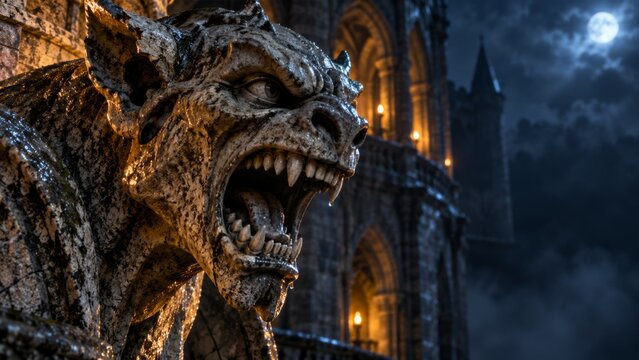 Stone gargoyle sits menacingly on a castle parapet at night. A mysterious, gothic castle with glowing windows stands in the background. The scene evokes dark fantasy, horror, and medieval themes
