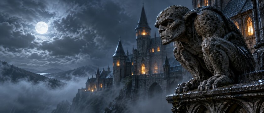 Stone gargoyle sits menacingly on a castle parapet at night. A mysterious, gothic castle with glowing windows stands in the background. The scene evokes dark fantasy, horror, and medieval themes