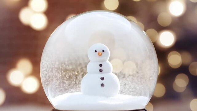 Slow zoom in of snowman inside glass snow globe with swirling snow on tabletop against warm bokeh lights background