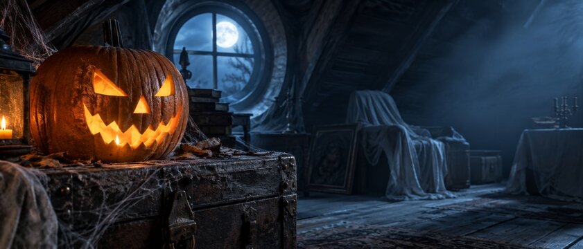 Jack-o-lantern glowing ominously in a dark, dusty attic. A full moon shines through an old round window. Perfect for spooky Halloween themes and haunted house imagery. banner format