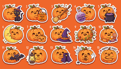 Fototapeta premium Collection of illustrated pumpkins with halloween elements and cheerful expressions autumn
