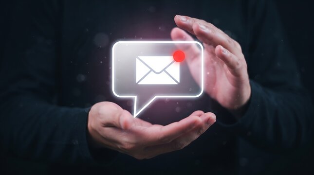 A businessman holding a glowing digital mail notification icon representing communication and business email technology concepts