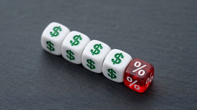Row of white dice with green dollar signs ending with a single red die showing a percentage symbol