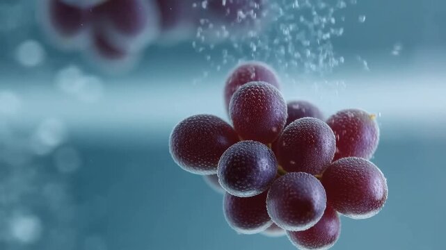 Slow motion macro tracking shot of grape cluster rising underwater with bubbles in studio tank