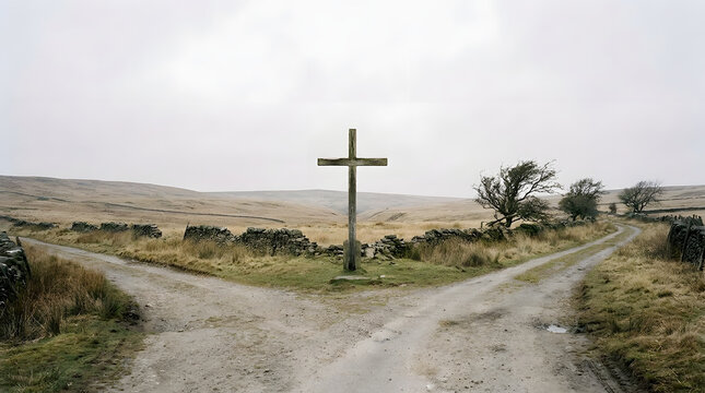 A wooden cross standing at a dirt road fork dividing paths in an open rural landscape