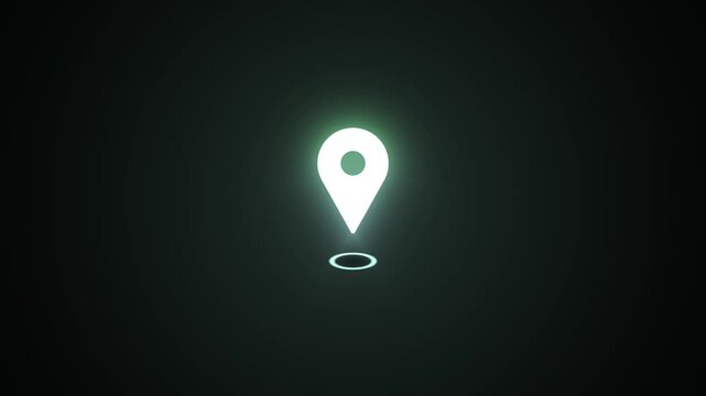 Animated glowing location pin icon pulsating above a digital map marker circle, representing GPS navigation, tracking, and pinpointing destinations on a dark background.
