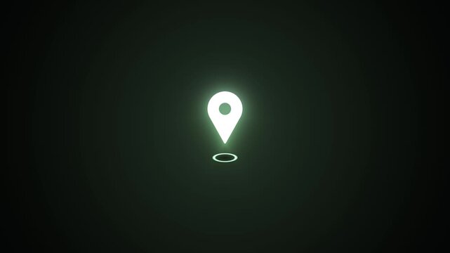 Glowing white location pin icon pulsating on dark background, digital map marker for navigation, GPS tracking, pinpointing exact position, modern technology concept animation.
