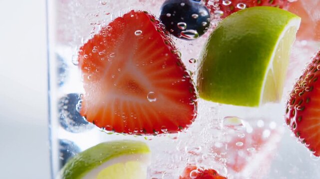 Slow motion macro close up of strawberries lime and blueberry rising and bubbling in sparkling water glass for beverage detail shots