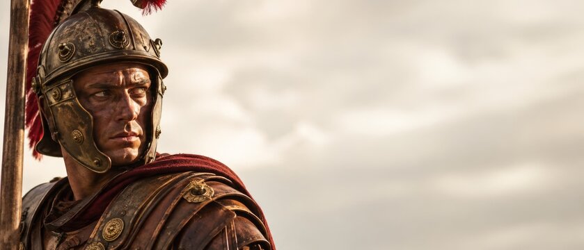 Roman Centurion or Soldier with Helmet and Red Plume Looking into Distance on a Cloudy Day, with Copy banner format