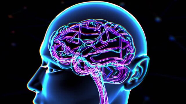 Neon brain networks inside skull, AI driven visualization shows neural pathways pulsing with electric signals as neon filaments trace cortex and brainstem within translucent head silhouette cinematic