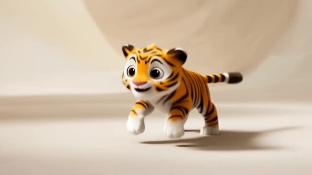 Static shot of animated tiger cub jumping and leaping across seamless studio floor