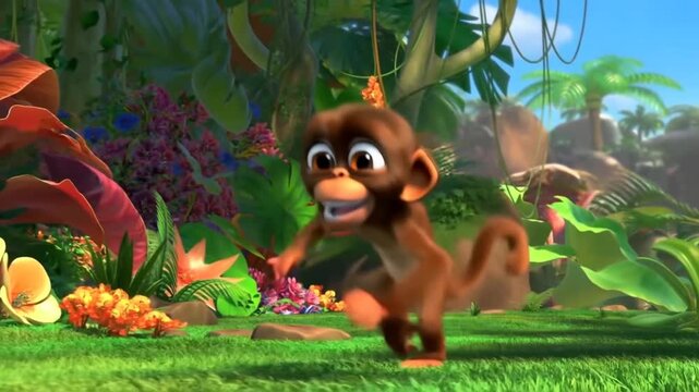 Tracking shot of young monkey running and jumping through tropical jungle clearing with large plants and bright sunlight
