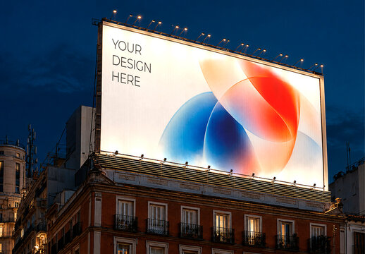 Nighttime Large Rooftop Billboard Mockup