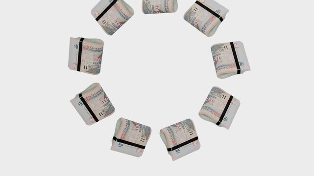 Realistic 3D loop of Antigua & Barbuda 10 XCD banknote bundle wheel spinning, green screen chroma key setup. Best for banking commercials.
