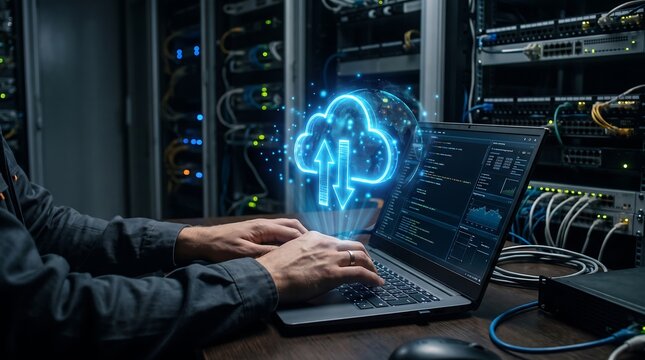 Glowing Cloud Data Transfer Hologram Over Male Professional Hands
