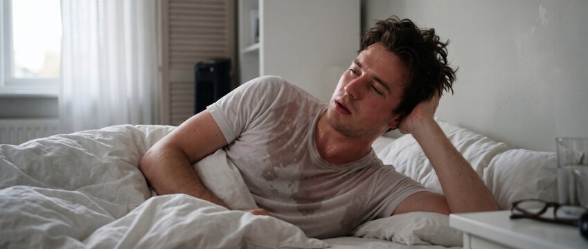Young man lying awake in bedroom bed under white duvet blanket looking restless at night, male patient suffering from chronic insomnia sleep disorder and stress. Sleep deprivation fatigue.