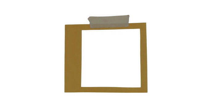A square yellow paper frame attached with a piece of adhesive tape, isolated on a black background, minimalist for display isolated on a transparent background