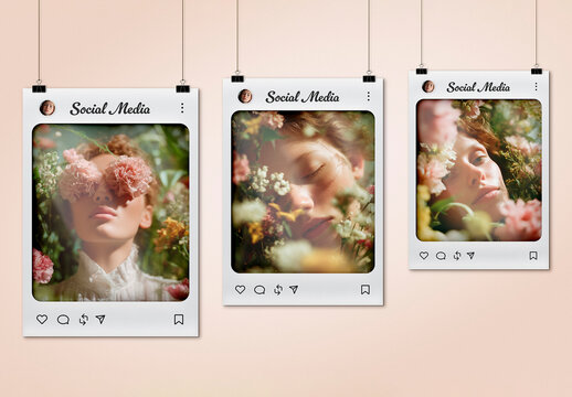 Hanging Social Media Poster Mockup with Minimal Paper Frames for Digital Branding Presentation