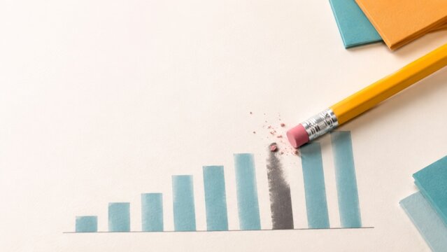 Pencil erasing a line on a grid paper graph, leaving behind smudges. The eraser works on an imperfect curve, changing its path. This image represents correcting errors or changing business strategies