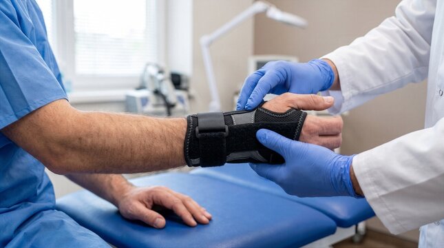 Wrist Brace Being Applied by a Medical Professional, Demonstrating Support and Rehabilitation for Hand Injuries.