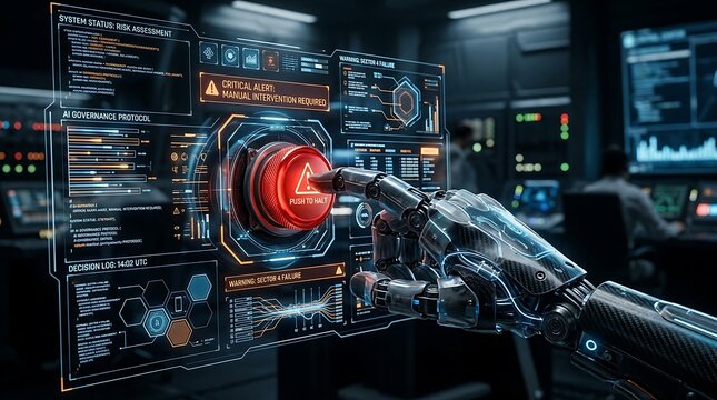 A robotic hand pressing a glowing red emergency button on a futuristic digital control interface.