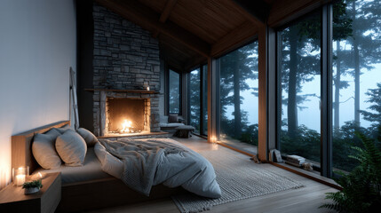 Obraz premium Cozy enchanted cottage bedroom with fireplace, large windows, forest view, warm lighting, serene atmosphere