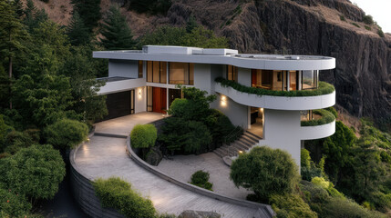 Obraz premium Modern house aerial view contemporary architecture mountain lush greenery curved driveway luxury glass facade