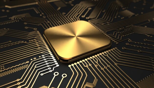 Close-up of a golden cpu on a black circuit board technology