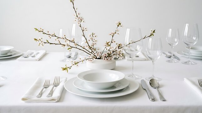 Elegant minimalist table setting with white plates and blooming cherry blossom branches.