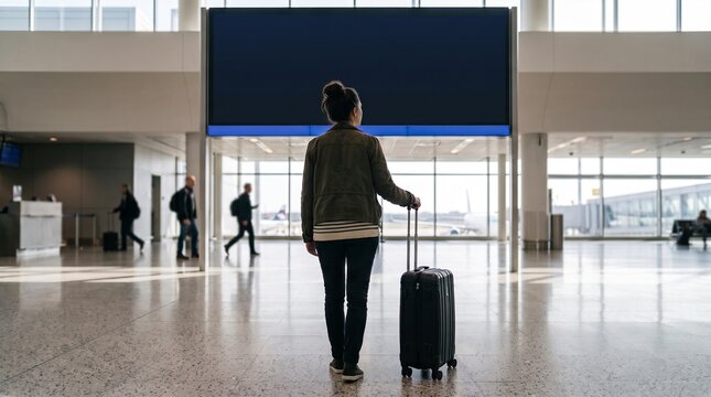 Woman standing in airport terminal holding black luggage while looking at blank flight information screen during bright sunny morning hours