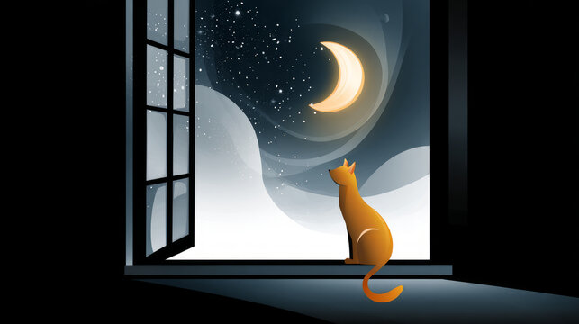 Cartoon-style cat curled on a window sill looking at the moon