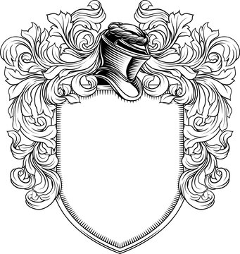 Coat of arms crest knight family medieval shield heraldry heraldic armorial motif. Featuring a knights helm helmet in a vintage etching engraving woodcut style 
