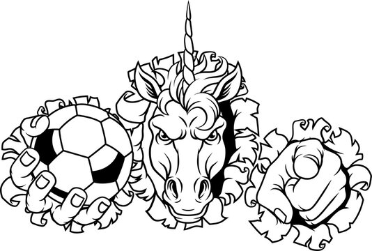 Unicorn horse stallion soccer football angry sports team mascot holding a ball.