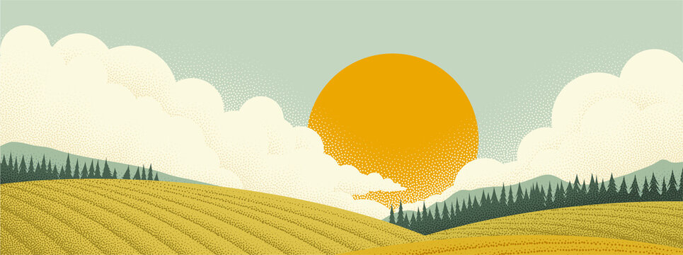 Fields rolling hills and mountains farm landscape background illustration with countryside mountains, sunrise sun, clouds and trees. Original rural background drawing in vintage pointillism dot style
